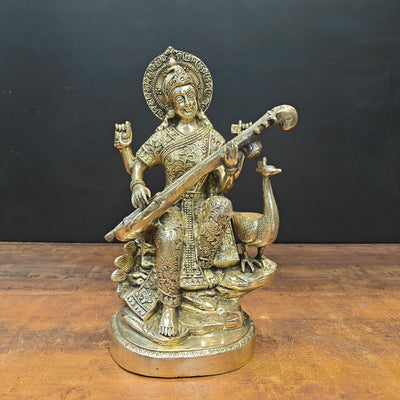 Brass Goddess Saraswati Statue Playing Veena 15 Inches