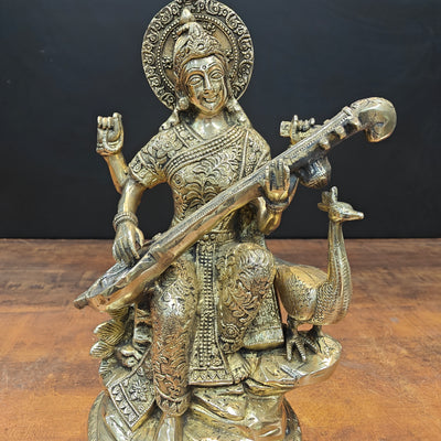 Brass Goddess Saraswati Statue Playing Veena 15 Inches