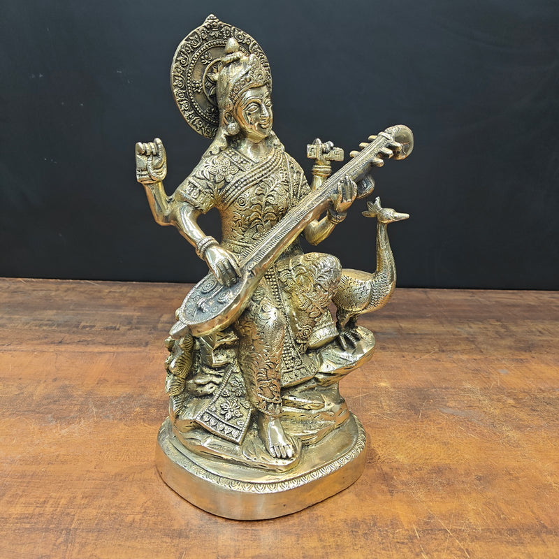 Brass Goddess Saraswati Statue Playing Veena 15 Inches