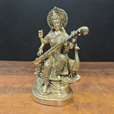 Brass Goddess Saraswati Statue Playing Veena 15 Inches