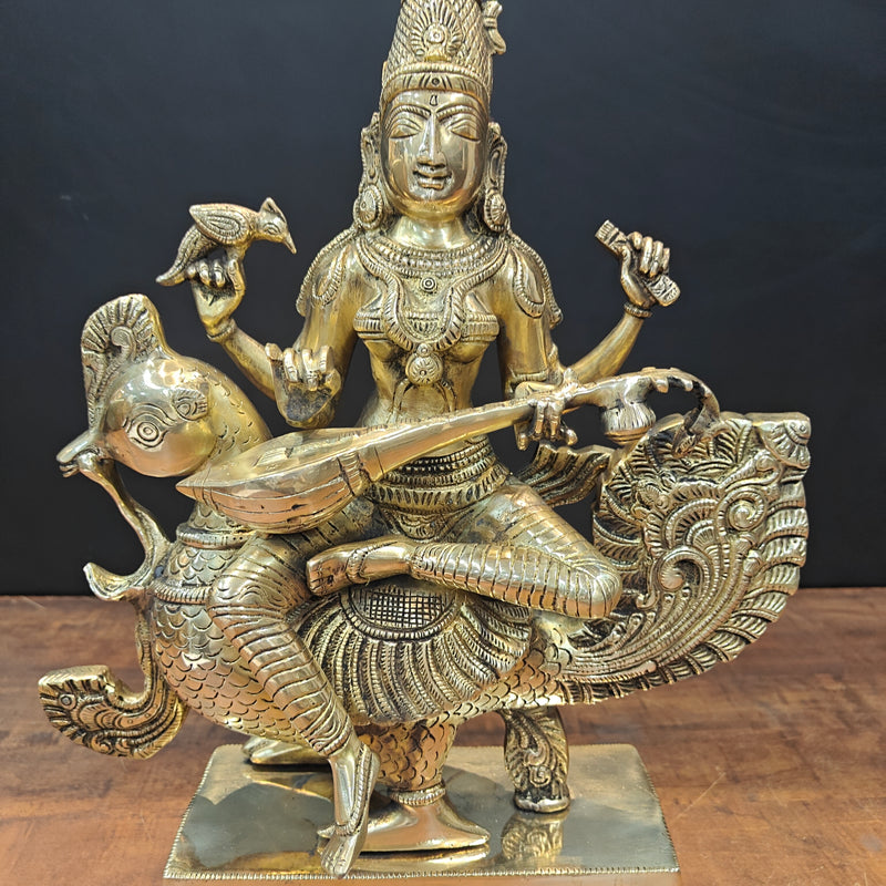 Brass Goddess Saraswati Idol Sitting On Swan Playing Veena 19 Inches