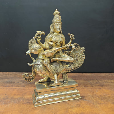 Brass Goddess Saraswati Idol Sitting On Swan Playing Veena 19 Inches