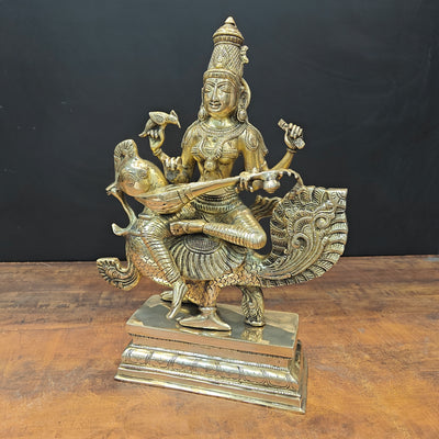 Brass Goddess Saraswati Idol Sitting On Swan Playing Veena 19 Inches