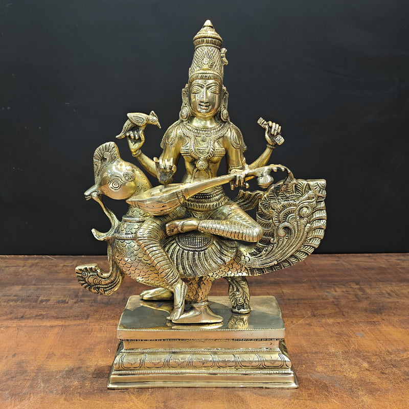 Brass Goddess Saraswati Idol Sitting On Swan Playing Veena 19 Inches