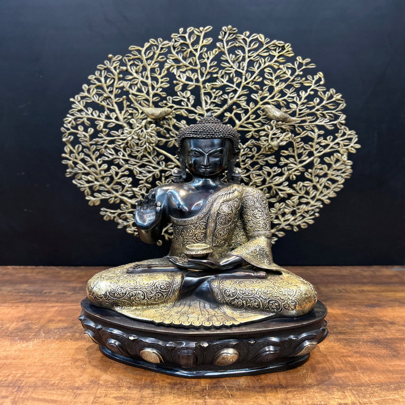 Brass Blessing Buddha Statue With Tree Antique Finish 29 Inches