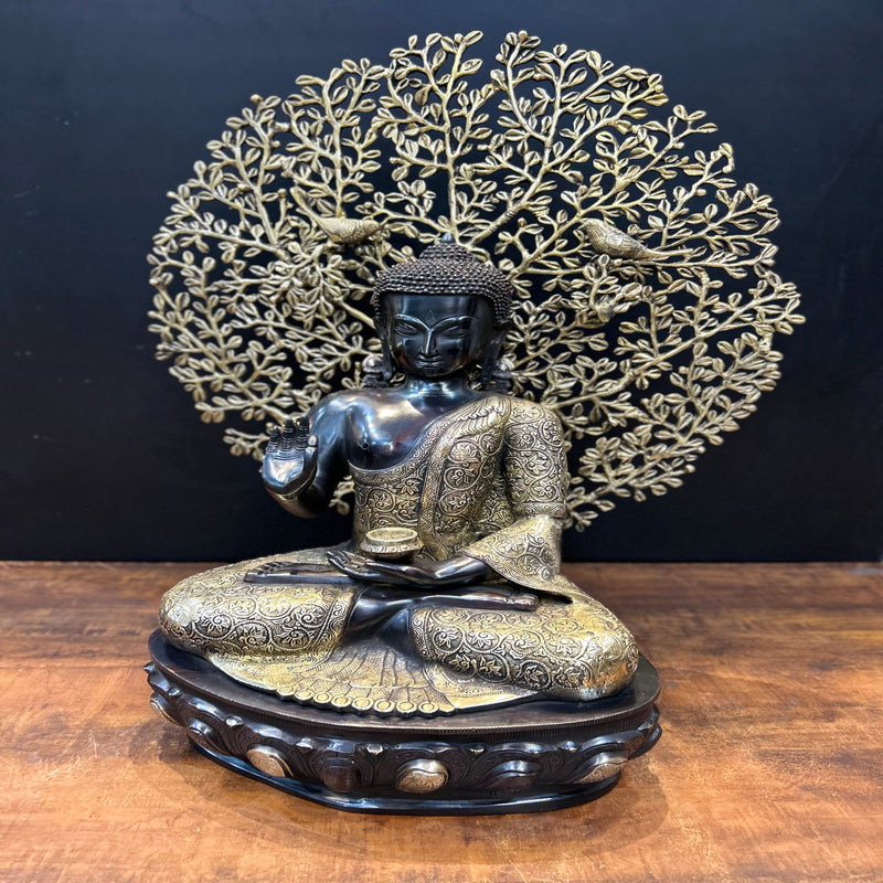 Brass Blessing Buddha Statue With Tree Antique Finish 29 Inches