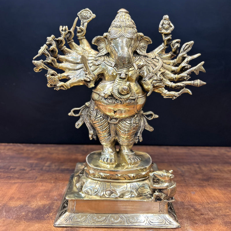 Brass Standing Ganesha Idol With 16 Arms 2 Feet