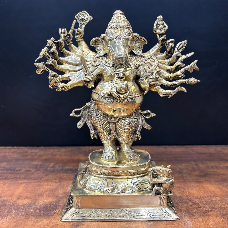 Brass Standing Ganesha Idol With 16 Arms 2 Feet