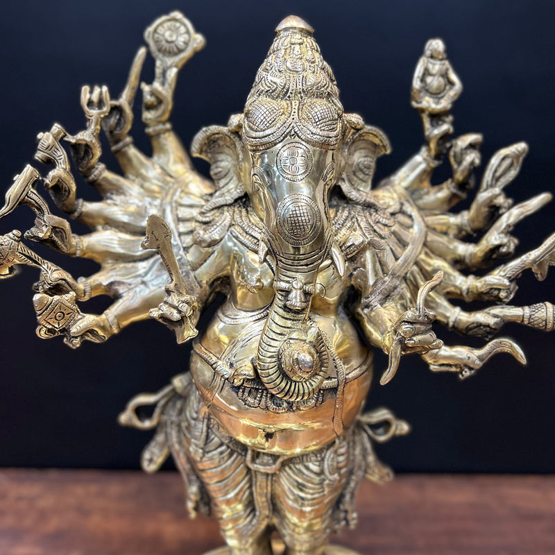 Brass Standing Ganesha Idol With 16 Arms 2 Feet