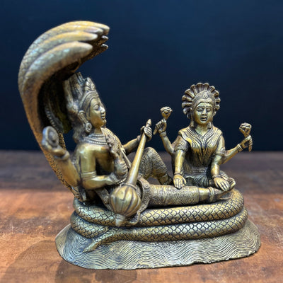 Brass Vishnu Lakshmi Idol Under Serpent Anqtiue Finish 1 Feet