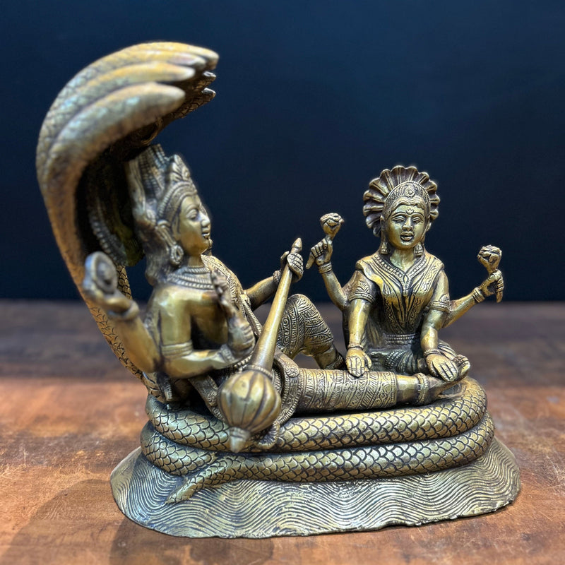 Brass Vishnu Lakshmi Idol Under Serpent Anqtiue Finish 1 Feet