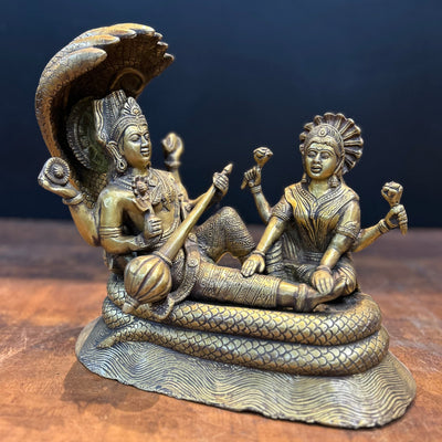 Brass Vishnu Lakshmi Idol Under Serpent Anqtiue Finish 1 Feet