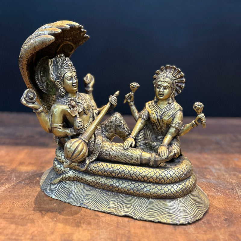 Brass Vishnu Lakshmi Idol Under Serpent Anqtiue Finish 1 Feet