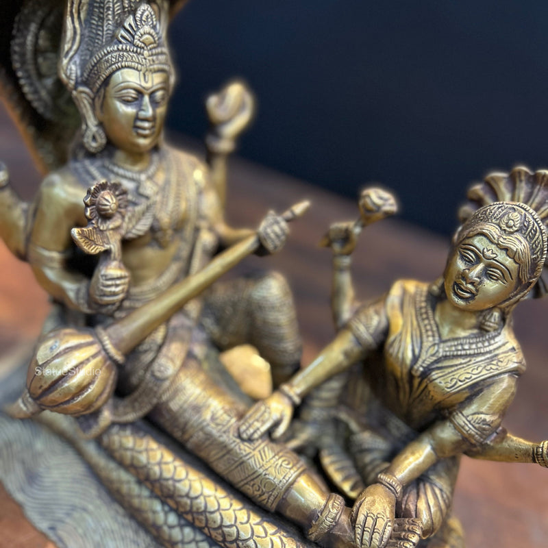 Brass Vishnu Lakshmi Idol Under Serpent Anqtiue Finish 1 Feet