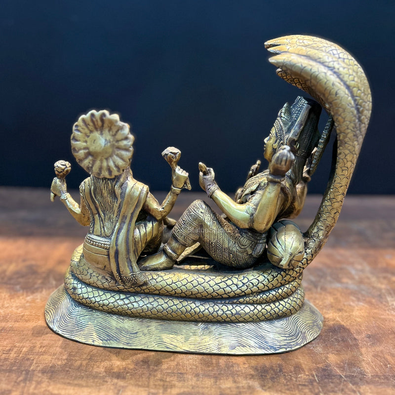 Brass Vishnu Lakshmi Idol Under Serpent Anqtiue Finish 1 Feet