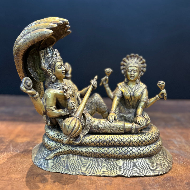 Brass Vishnu Lakshmi Idol Under Serpent Anqtiue Finish 1 Feet