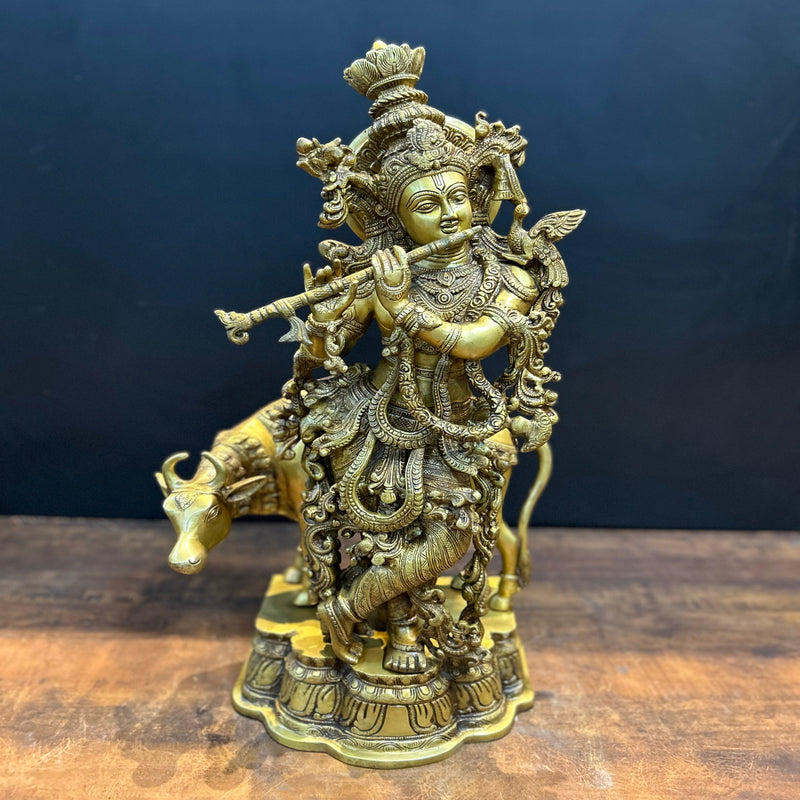 Brass Krishna Idol With Cow Antique Finish 26 Inches