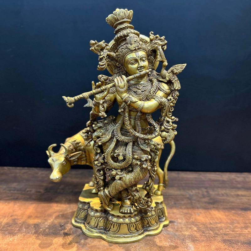 Brass Krishna Idol With Cow Antique Finish 26 Inches