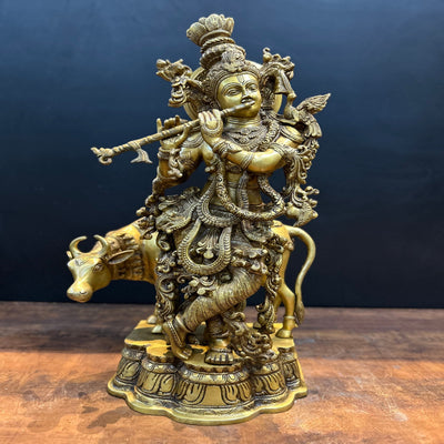 Brass Krishna Idol With Cow Antique Finish 26 Inches