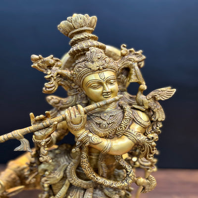 Brass Krishna Idol With Cow Antique Finish 26 Inches