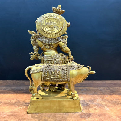 Brass Krishna Idol With Cow Antique Finish 26 Inches