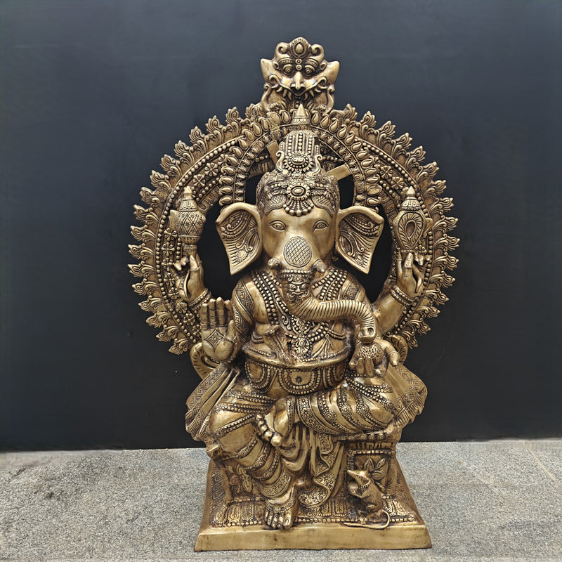 Elegant Brass Large Ganesha Statue With Prabhavali 50 Inches