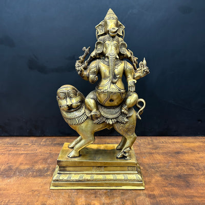 Brass Panchmukhi Ganesha Idol Seated On Lion Heramba Statue 22.5 Inch