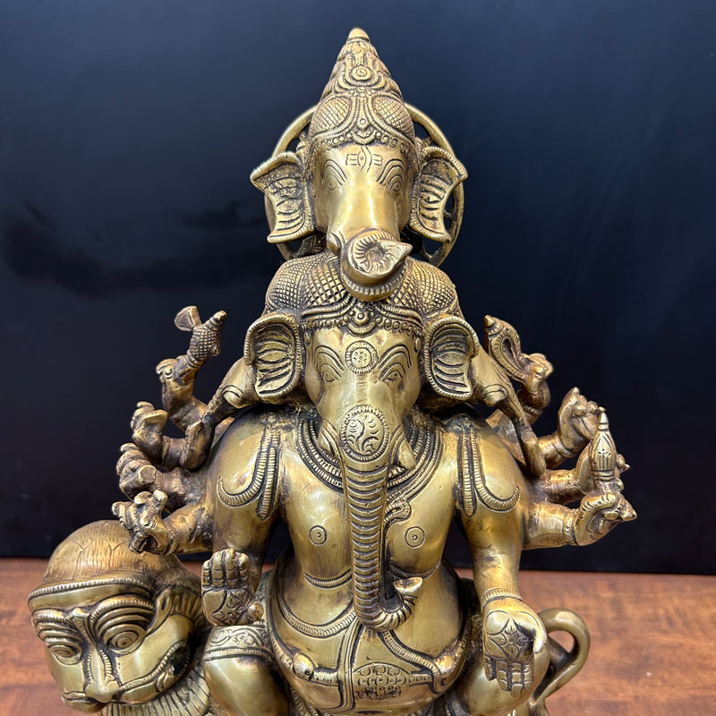 Brass Panchmukhi Ganesha Idol Seated On Lion Heramba Statue 22.5 Inch