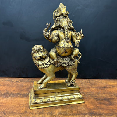 Brass Panchmukhi Ganesha Idol Seated On Lion Heramba Statue 22.5 Inch