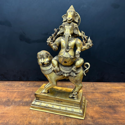 Brass Panchmukhi Ganesha Idol Seated On Lion Heramba Statue 22.5 Inch