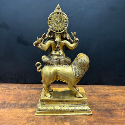 Brass Panchmukhi Ganesha Idol Seated On Lion Heramba Statue 22.5 Inch