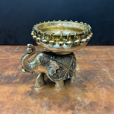 Engraved Elephant Brass Urli With Ghungroo 7 Inch