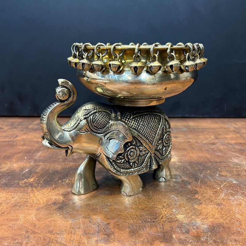 Engraved Elephant Brass Urli With Ghungroo 7 Inch