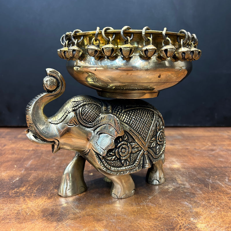 Engraved Elephant Brass Urli With Ghungroo 7 Inch