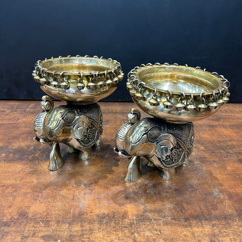 Engraved Elephant Brass Urli Pair With Ghungroo 7 Inch