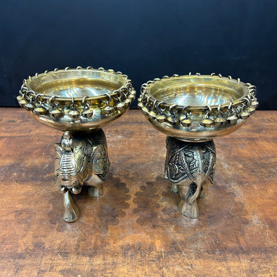 Engraved Elephant Brass Urli Pair With Ghungroo 7 Inch