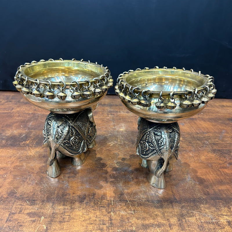 Engraved Elephant Brass Urli Pair With Ghungroo 7 Inch