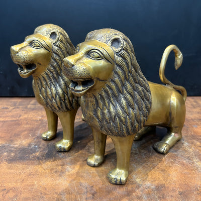 Brass Lion Pair Sculpture Antique Finish 12 Inch