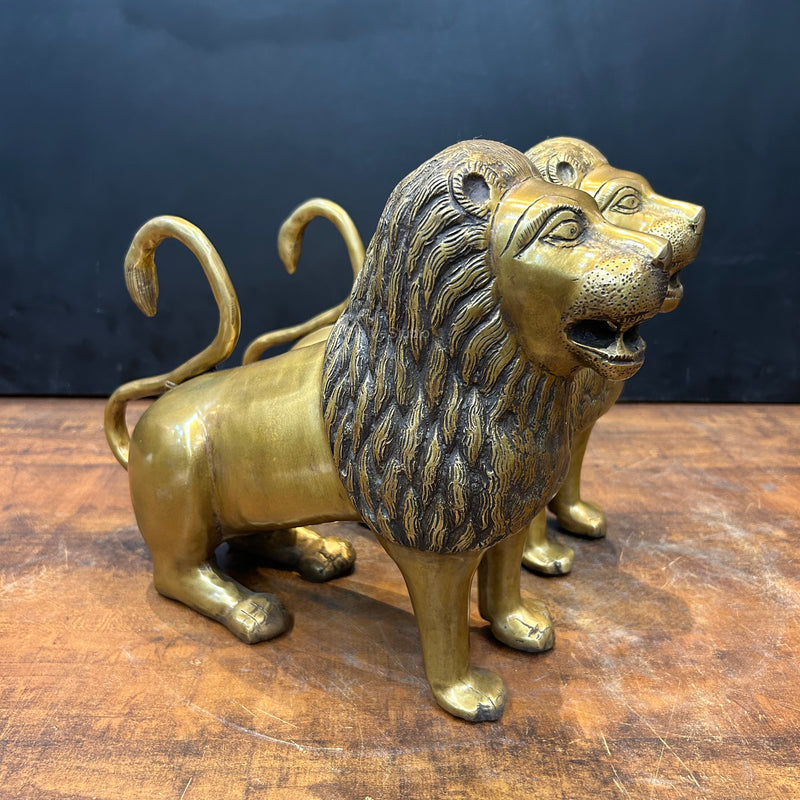 Brass Lion Pair Sculpture Antique Finish 12 Inch