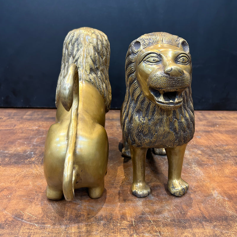 Brass Lion Pair Sculpture Antique Finish 12 Inch