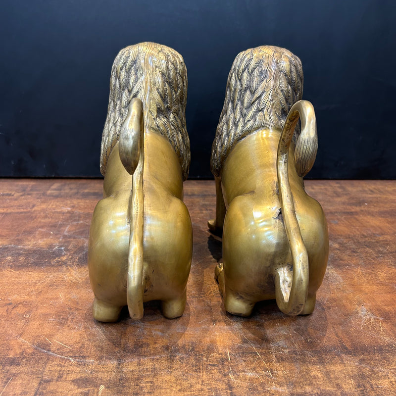 Brass Lion Pair Sculpture Antique Finish 12 Inch