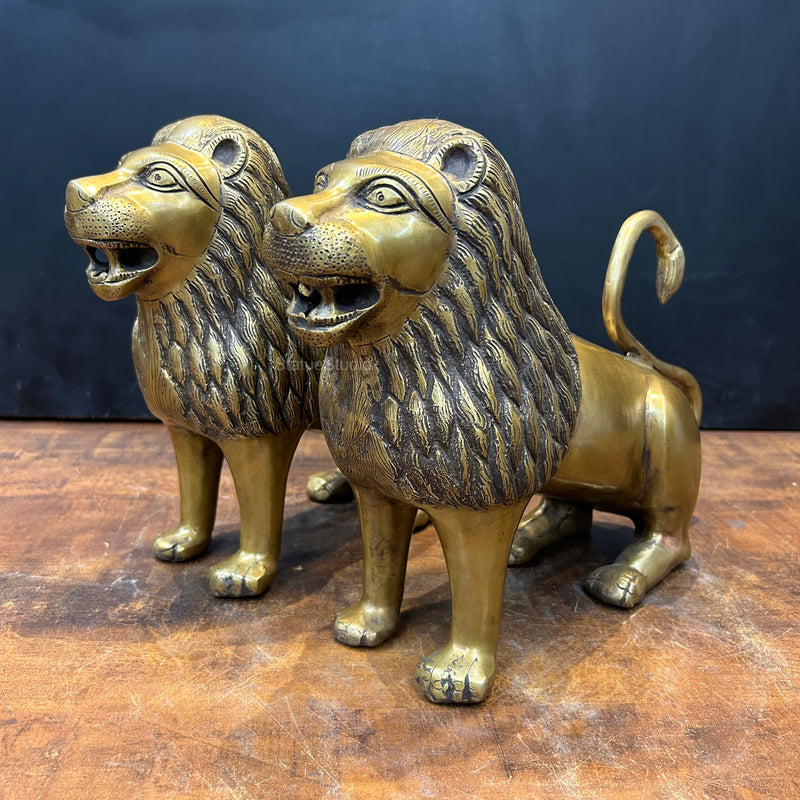 Brass Lion Pair Sculpture Antique Finish 12 Inch