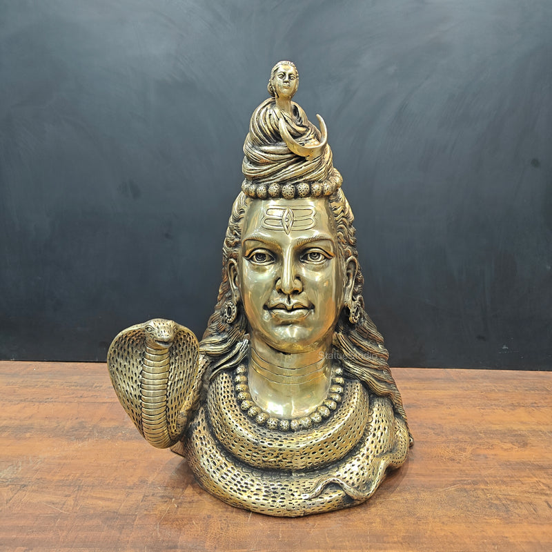 Brass Large Lord Shiva Head Bust With Moon and River Ganga 27 Inch