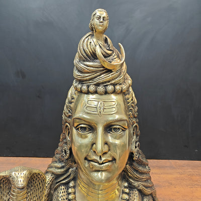 Brass Large Lord Shiva Head Bust With Moon and River Ganga 27 Inch