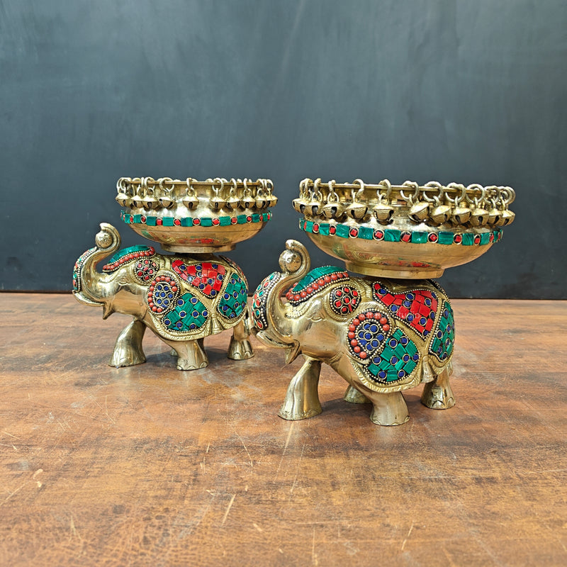 Engraved Elephant Brass Urli Pair With Ghungroo Inlay Stone Work 7 Inch