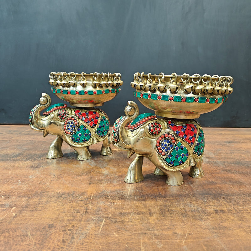 Engraved Elephant Brass Urli Pair With Ghungroo Inlay Stone Work 7 Inch