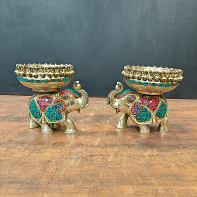 Engraved Elephant Brass Urli Pair With Ghungroo Inlay Stone Work 7 Inch