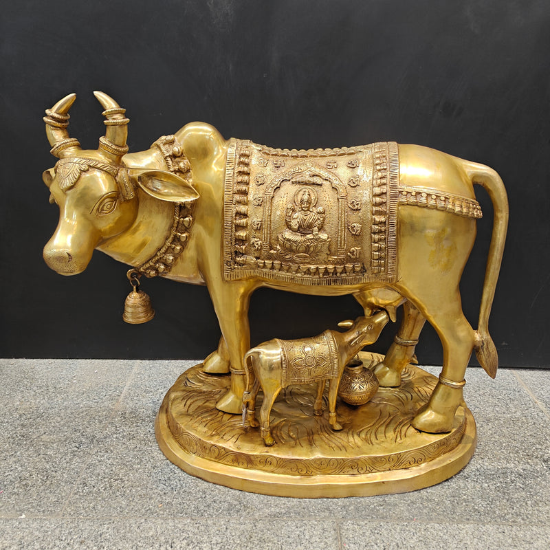 Brass Large Cow With Calf Lakshmi Ganesha Engraved 26 Inch