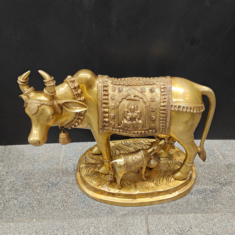 Brass Large Cow With Calf Lakshmi Ganesha Engraved 26 Inch