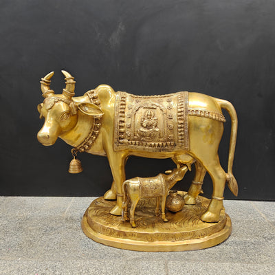 Brass Large Cow With Calf Lakshmi Ganesha Engraved 26 Inch